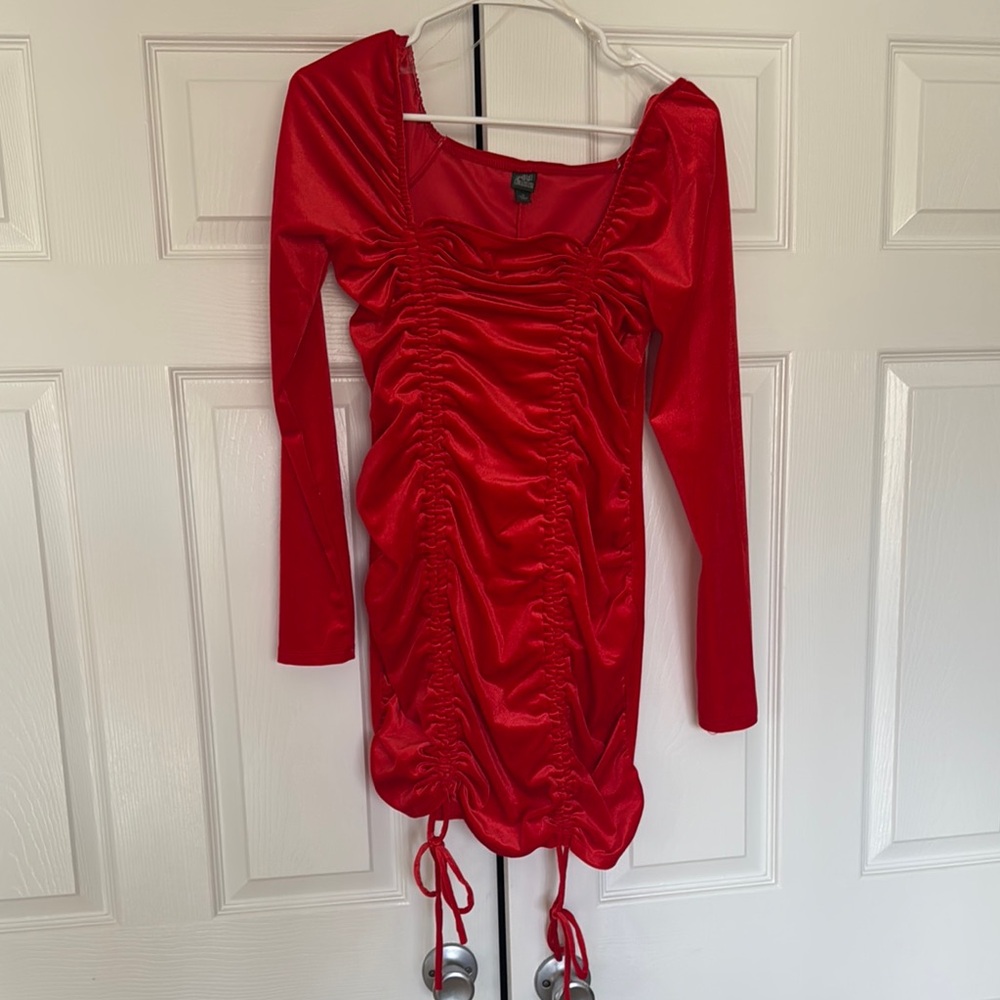 Red Ruched Long Sleeve Dress